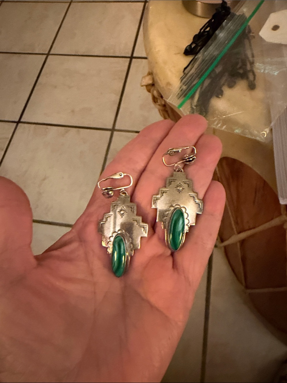 Sterling-Silver Earrings with Green Malachite Cabochons-Custom made